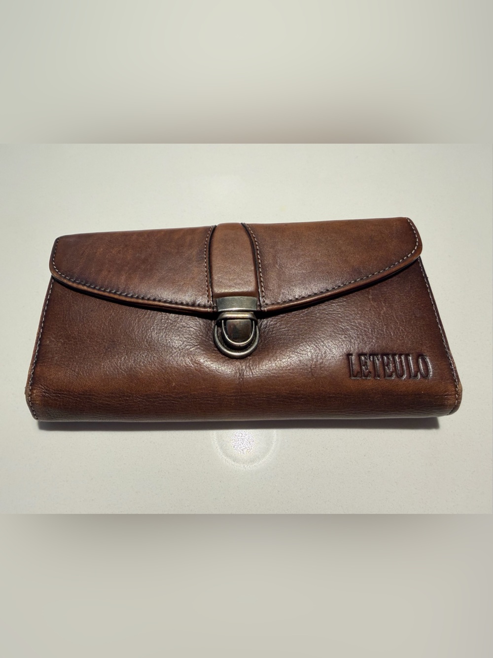 Leteulo Brown Leather Trifold Clutch Wallet